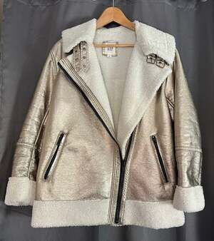 Gold Vegan Leather Sherpa Lined Bomber Jacket Size Small
